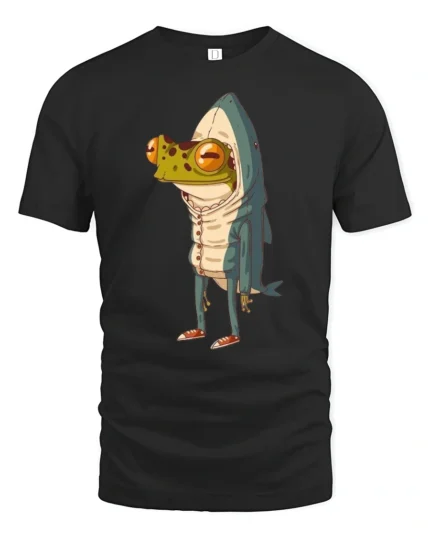Funny Frog Shark Costume Cartoon Graphic Tee Quirky Animal Tshirt - black t-shirt on white background
