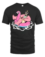 Funny Flamingo Pool Party Graphic Tee Summer Drink Cartoon Tshirt - black t-shirt on white background