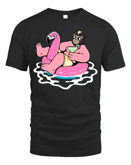 Funny Flamingo Pool Party Graphic Tee Summer Drink Cartoon Tshirt - black t-shirt on white background