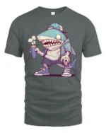 Cool Shark with Spray Can Hip Hop Cartoon Graphic Tee Tshirt - gray t-shirt on white background