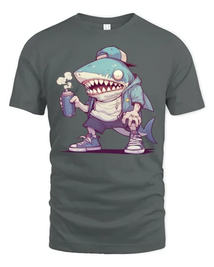 Cool Shark with Spray Can Hip Hop Cartoon Graphic Tee Tshirt - gray t-shirt on white background