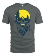 Cool Skull Camping Graphic Tee Outdoor Adventure Sunset Tshirt - gray t-shirt on white background