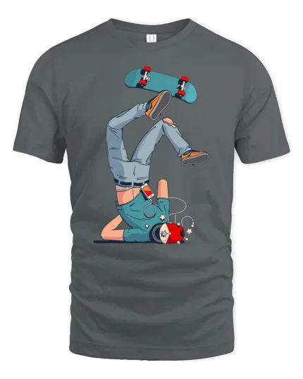 Funny Skateboard Fall Cartoon Skater Trick Fail Graphic T Shirt - gray t-shirt on white background