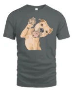 Cute Happy Dog Waving Paw Cartoon Graphic Tee Tshirt - gray t-shirt on white background