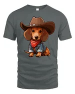 Cute Cowboy Dachshund Dog Cartoon Western Style Graphic Tee Tshirt - gray t-shirt on white background