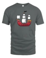 Cute Cartoon Pirate Ship Minimal Style Ocean Adventure Graphic Tee Tshirt - gray t-shirt on white background