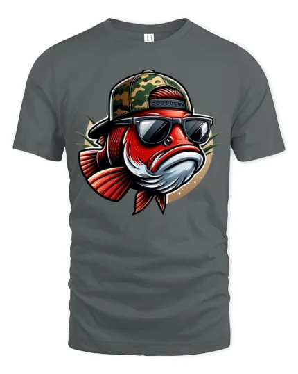 Cool Fishing Fish Wearing Sunglasses Funny Graphic Tee Tshirt - gray t-shirt on white background