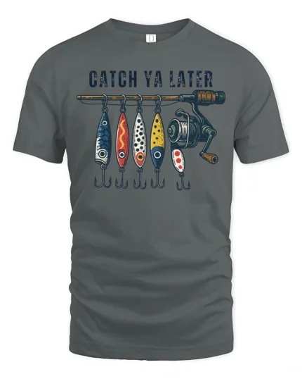 Catch Ya Later Funny Fishing Lures Vintage Graphic T Shirt - gray t-shirt on white background