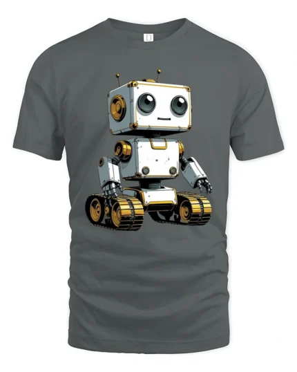 Adorable Robot on Tracks Tech Lover Graphic Tee Tshirt - gray t-shirt on white background