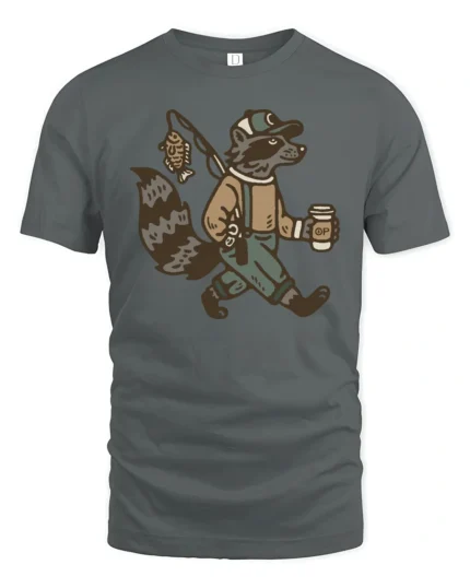 Funny Raccoon Fisherman Graphic Tee Vintage Animal Tshirt - gray t-shirt on white background