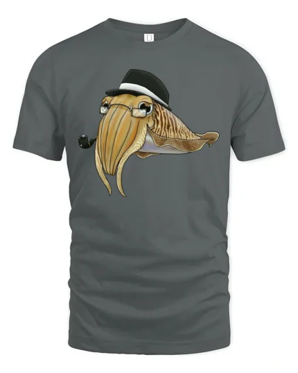 Dapper Squid with Hat and Pipe Cartoon Graphic Tee Tshirt - gray t-shirt on white background