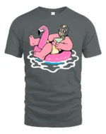Funny Flamingo Pool Party Graphic Tee Summer Drink Cartoon Tshirt - gray t-shirt on white background