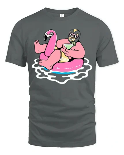 Funny Flamingo Pool Party Graphic Tee Summer Drink Cartoon Tshirt - gray t-shirt on white background