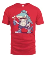 Cool Shark with Spray Can Hip Hop Cartoon Graphic Tee Tshirt - red t-shirt on white background