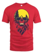 Cool Skull Camping Graphic Tee Outdoor Adventure Sunset Tshirt - red t-shirt on white background