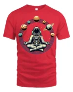 Astronaut Meditation Space Planets Zen Cosmic Graphic Tee Tshirt - red t-shirt on white background