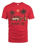 Bonita Life Beach Van Camping Sunset Vibes Graphic Tee Tshirt - red t-shirt on white background