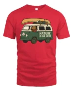 Nature Is Our Home Camper Van Adventure Graphic Tee Tshirt - red t-shirt on white background