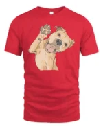 Cute Happy Dog Waving Paw Cartoon Graphic Tee Tshirt - red t-shirt on white background