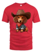 Cute Cowboy Dachshund Dog Cartoon Western Style Graphic Tee Tshirt - red t-shirt on white background