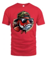 Cool Fishing Fish Wearing Sunglasses Funny Graphic Tee Tshirt - red t-shirt on white background