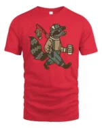 Funny Raccoon Fisherman Graphic Tee Vintage Animal Tshirt - red t-shirt on white background