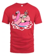 Funny Flamingo Pool Party Graphic Tee Summer Drink Cartoon Tshirt - red t-shirt on white background