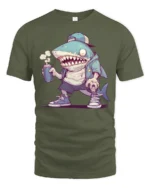 Cool Shark with Spray Can Hip Hop Cartoon Graphic Tee Tshirt - military green t-shirt on white background