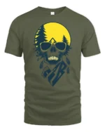 Cool Skull Camping Graphic Tee Outdoor Adventure Sunset Tshirt - military green t-shirt on white background