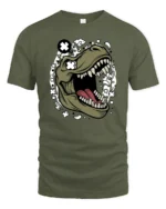Cool Dinosaur T Rex Roar Comic Style Graphic Tee Fun Tshirt - military green t-shirt on white background