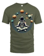 Astronaut Meditation Space Planets Zen Cosmic Graphic Tee Tshirt - military green t-shirt on white background