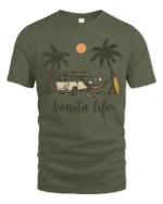 Bonita Life Beach Van Camping Sunset Vibes Graphic Tee Tshirt - military green t-shirt on white background