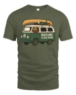 Nature Is Our Home Camper Van Adventure Graphic Tee Tshirt - military green t-shirt on white background
