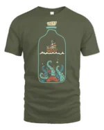 Ship In A Bottle Kraken Ocean Adventure Graphic Tee Tshirt - military green t-shirt on white background