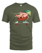 Cool Skeleton Skater Street Style Graphic Tee Tshirt - military green t-shirt on white background