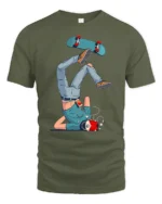 Funny Skateboard Fall Cartoon Skater Trick Fail Graphic T Shirt - military green t-shirt on white background
