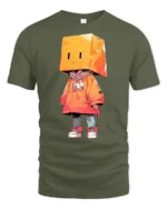 Cute Box Head Hoodie Character Streetwear Graphic Tee Tshirt - military green t-shirt on white background