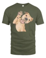 Cute Happy Dog Waving Paw Cartoon Graphic Tee Tshirt - military green t-shirt on white background