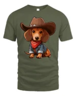 Cute Cowboy Dachshund Dog Cartoon Western Style Graphic Tee Tshirt - military green t-shirt on white background
