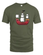 Cute Cartoon Pirate Ship Minimal Style Ocean Adventure Graphic Tee Tshirt - military green t-shirt on white background