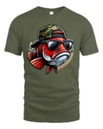 Cool Fishing Fish Wearing Sunglasses Funny Graphic Tee Tshirt - military green t-shirt on white background
