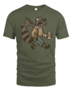 Funny Raccoon Fisherman Graphic Tee Vintage Animal Tshirt - military green t-shirt on white background