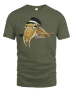 Dapper Squid with Hat and Pipe Cartoon Graphic Tee Tshirt - military green t-shirt on white background