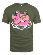 Funny Flamingo Pool Party Graphic Tee Summer Drink Cartoon Tshirt - military green t-shirt on white background