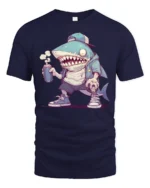 Cool Shark with Spray Can Hip Hop Cartoon Graphic Tee Tshirt - navy t-shirt on white background