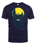 Cool Skull Camping Graphic Tee Outdoor Adventure Sunset Tshirt - navy t-shirt on white background