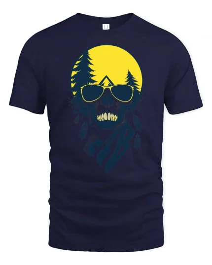 Cool Skull Camping Graphic Tee Outdoor Adventure Sunset Tshirt - navy t-shirt on white background