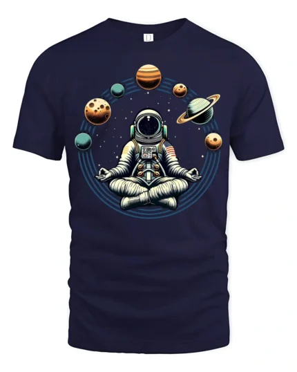 Astronaut Meditation Space Planets Zen Cosmic Graphic Tee Tshirt - navy t-shirt on white background