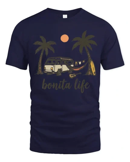 Bonita Life Beach Van Camping Sunset Vibes Graphic Tee Tshirt - navy t-shirt on white background