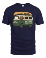 Nature Is Our Home Camper Van Adventure Graphic Tee Tshirt - navy t-shirt on white background